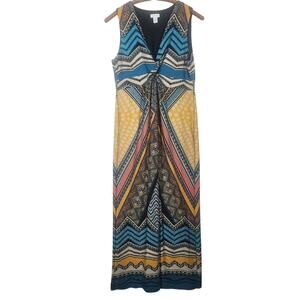 CHICOS sz 2 L/12 Jersey Yellow Blue Sundress Stretch Casual Maxi Dress